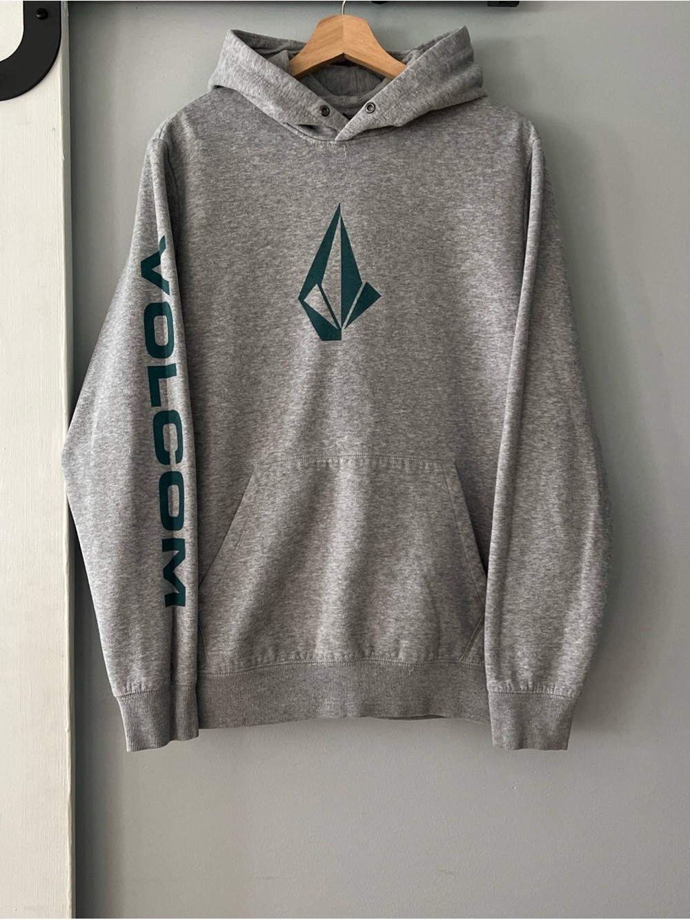 Volcom Halfer Gray Hoodie with Teal Chest Logo and Sleeve Spellout